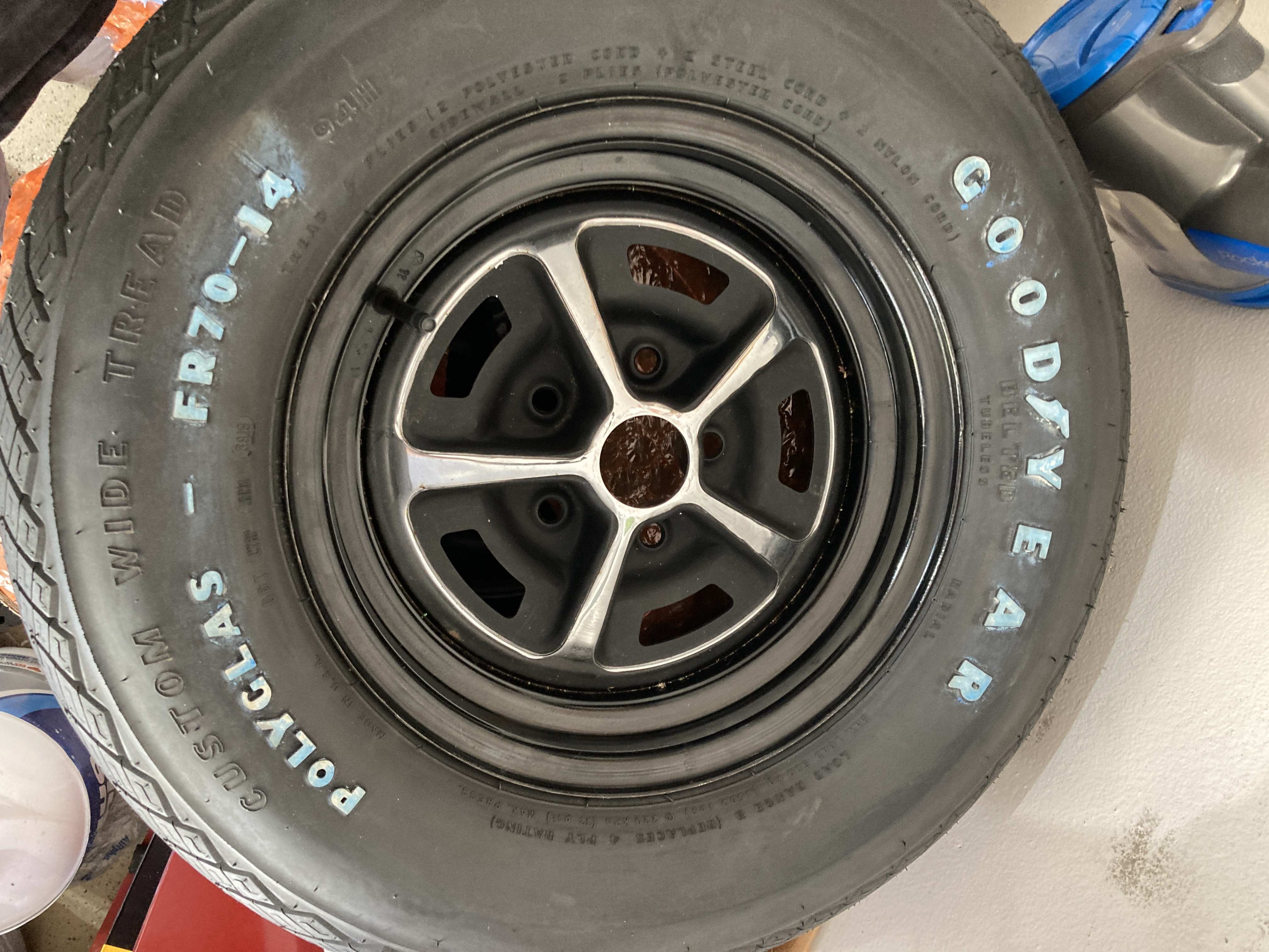 SOLD - Set of Five Goodyear Polyglas FR70-14s and 14x6 Road SOLD - Set of Five Goodyear Polyglas FR70-14s and 14x6 Road