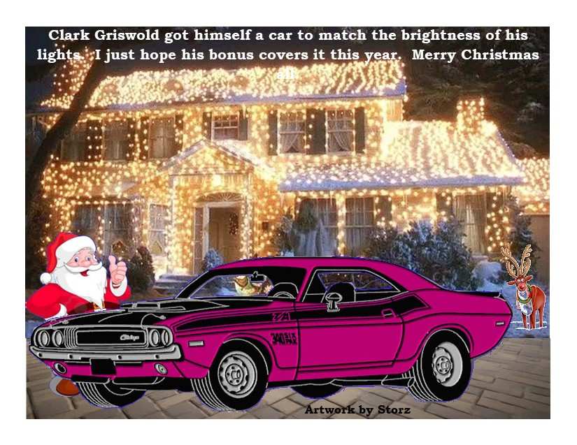 2024 CLARK GRISWOLD HOUSE WITH LIGHTS WITH 1970 TA CHALLENGER PINK.jpg