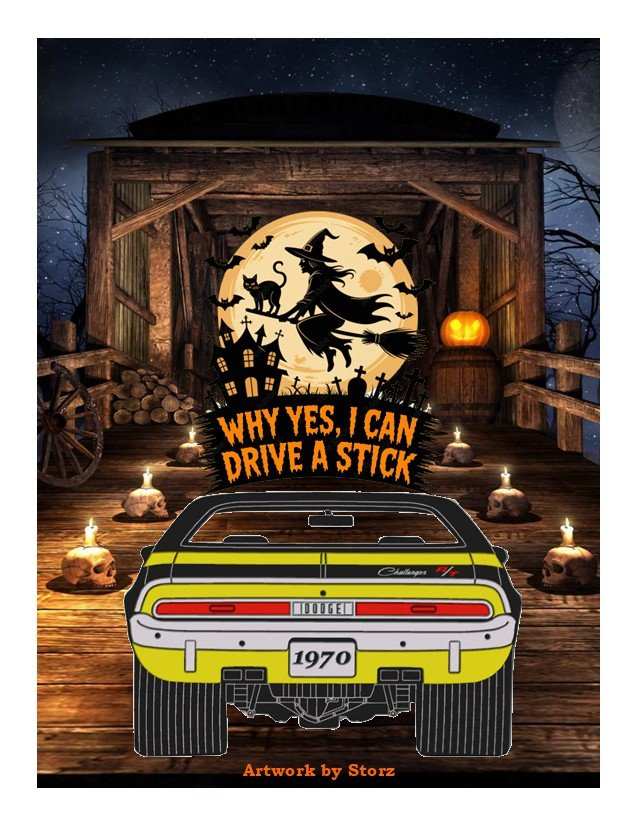 2025 1970 challenger rt rear view covered bridge Halloween Drive Stick.jpg