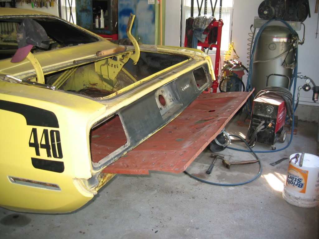 One piece Trunk Floor Install - Rear Cross Member Removed and Sliding In.jpg