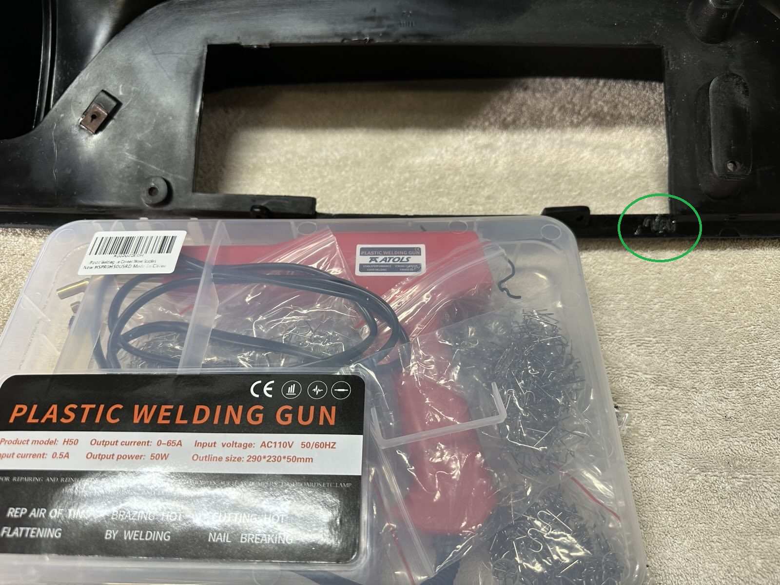 Repair Kit and Broken Console Area Circled.jpg